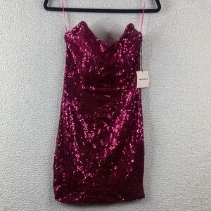 NWT Super Down Womens Strapless Hot Pink Sequin Boned bodice Mini Dress Size L
